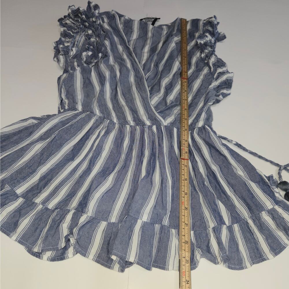 Angie Women Medium Top Blue Striped Surplice Ruffle Sleeve Boho Hippie Festival - Picture 6 of 12